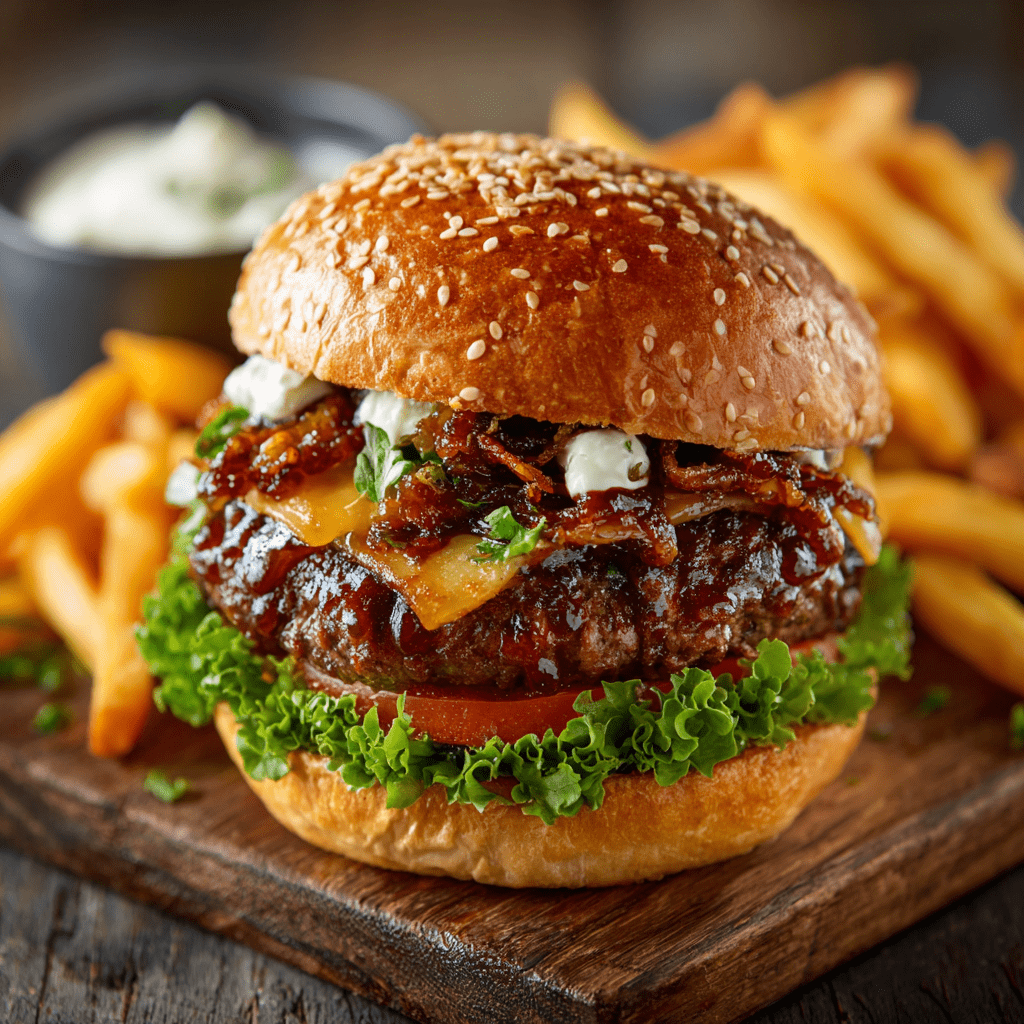 Der Klassiker Hamburger mit saftigem Fleisch,dazu Pommes Frites, Fastfood soll auch schmecken!
